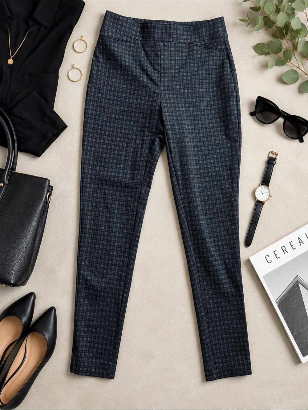 Calvin Klein Size 2 Charcoal Plaid Slim Straight Ankle Dress Pants Stretch